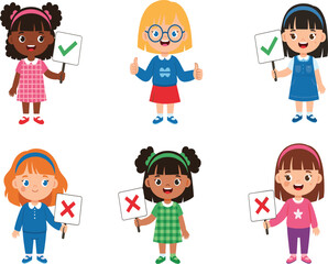 Cartoon girls, correct and incorrect signs, educational illustration, behavior choices, classroom poster, kids learning, decision making, vector design, preschool activity