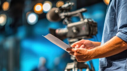 Commentator studying cue cards fingers gripping cards sharply focused while studio lighting and microphone stand remain out of focus behind.