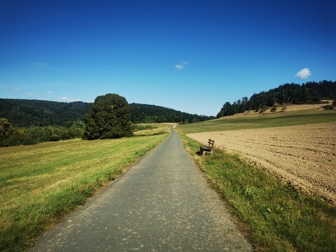 Ein ruhiger Weg f&uuml;hrt durch Felder und H&uuml;gel am Edersee, unter klarem blauem Himmel &ndash; eine idyllische Landschaft. Hessen, Edersee, V&ouml;hl &copy; Sarah B&ouml;mer