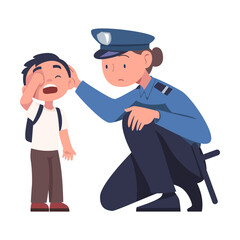 Lost Child with Woman Police Officer Vector Illustration