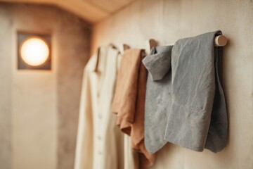 Compact laundry setup inside off-grid cabin, simple design, warm lighting