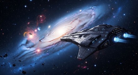 Spaceship Exploring Nebula Galaxy.