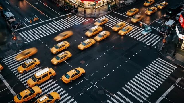 Aerial View of Taxis Rush Hour Traffic in New York City Times Square Streets