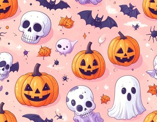 Colorful Halloween pattern with spooky elements.