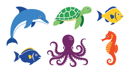 Cute cartoon flat vector marine animals collection white background Dolphin Turtle Fish Octopus Seahorse Ocean Aquatic Kids Education