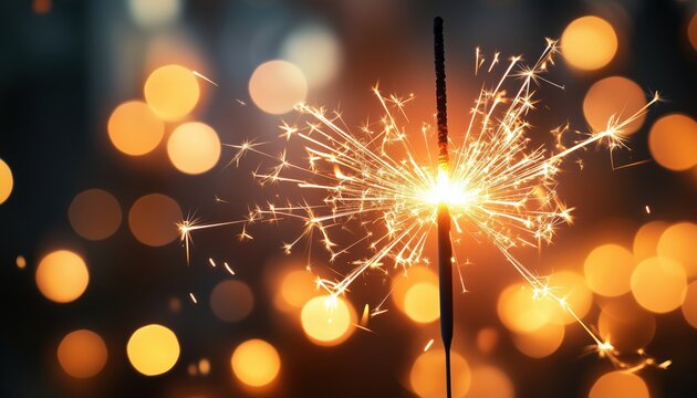 Blurred City Lights Surrounding A Sparkler Celebrating The Start Of A Happy New Year - A Festive Scene In Urban Setting.