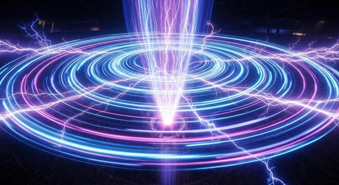 A central beam of purple and blue light ascends surrounded by concentric glowing rings and white-blue lightning arcs on a dark star-speckled surface