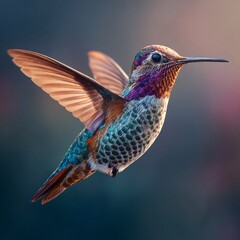 Fototapeta premium Macro style hyper realistic image of hummingbird hovering mid air iridescent feathers glowing in sunlight captured in sharp detail