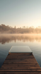 Fototapeta premium Wooden dock extending into a misty lake at sunrise with golden light illuminating the horizon