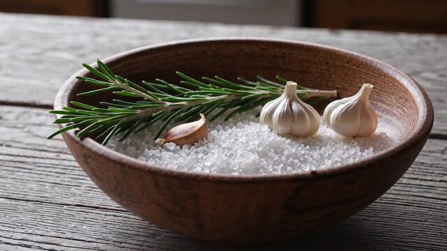 Culinary preparation with garlic, salt, and fresh rosemary in a wooden bowl on rustic table