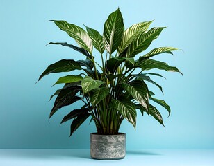 Peace lily plant in gray pot against teal backdrop
