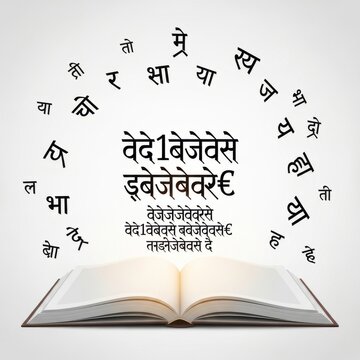 Open book with floating hindi text in a circular pattern on a white background