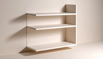 Minimalist Beige Floating Shelf with Clean Lines Against Off White Wall