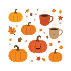 Cute autumn set with pumpkins coffee mugs leaves and acorns isolated on white background