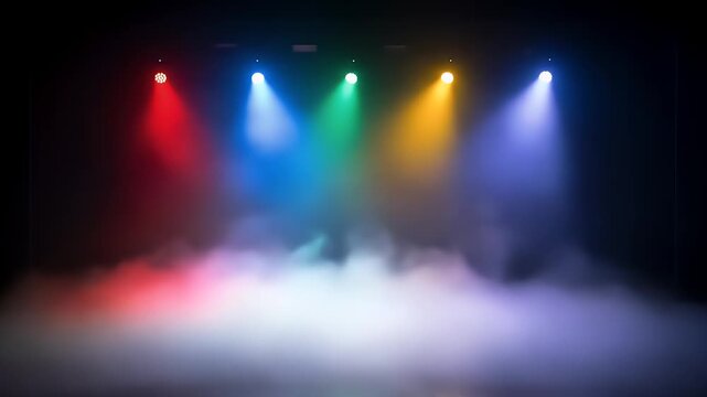 Stage Lights Illuminate Smoky Haze: Abstract Colorful Background Video with Dynamic Lighting Effects and Atmospheric Ambiance for Creative Projects