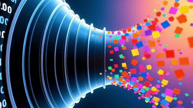 Data funnel transforming binary code into vibrant colorful information exploding outwards dynamically