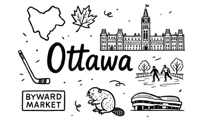 Ottawa landmarks and symbols doodle with parliament and beaver