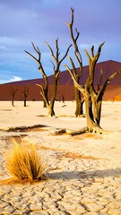 Dried trees on cracked desert floor, red mountains beyond