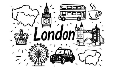 Hand drawn london icons featuring big ben, double decker, crown, and tower bridge