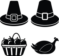Illustration of pilgrim hats, a baked potato, and a turkey isolated on white background, ideal for thanksgiving themes and designs
