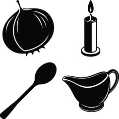 Illustration of an onion, a candle, a spoon, and a gravy boat isolated on white background, perfect for thanksgiving themes