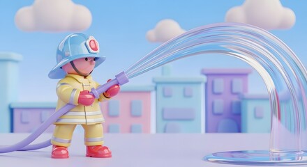 Cartoon Firefighter Spraying Water