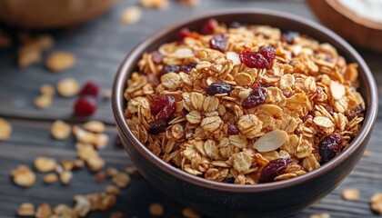 Variety Of Cereal Granola With Nut, Coconut Chips, And Dried Cranberry: A Nutrient-Rich Blend Of Flavors And Textures. Delicious And Healthy Breakfast Option.