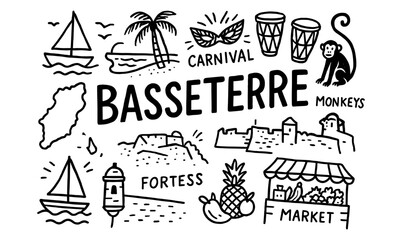 Basseterre travel doodles: carnival, fortress, market, and more