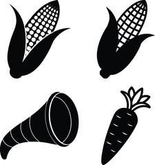 Illustration isolated on white background featuring corn, a cornucopia, and a carrot in black silhouette, minimalist design