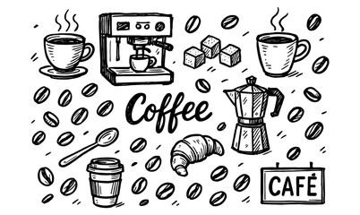 Hand drawn coffee elements and icons set for cafes and coffee lovers