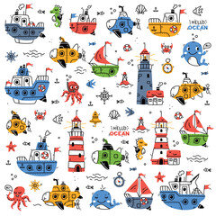 Naklejka premium Cute Marine and Nautical Theme Clipart and Element Vector Set