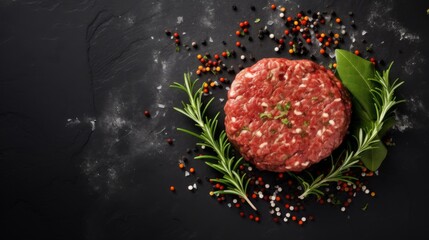 Fresh raw meat burger cutlet on the black slate board with herbs and spices for background. Copy space, top view . 
