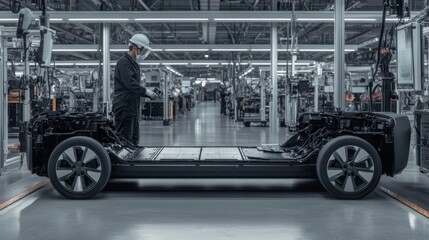 A worker in protective clothing and goggles assembles metal parts on a factory production line for modular electric vehicle batteries. Photo.
