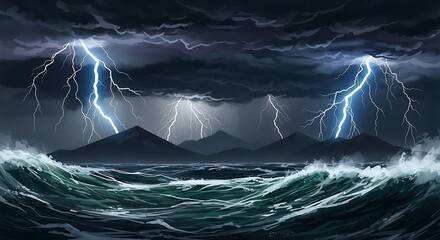 Stormy Seascape with Lightning.