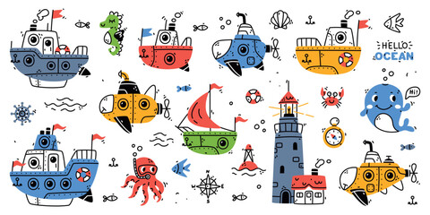 Fototapeta premium Cute Marine and Nautical Theme Clipart and Element Vector Set