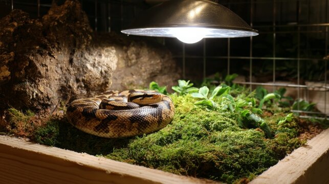 Ball python resting under heat lamp in a naturalistic terrarium environment with moss and plants