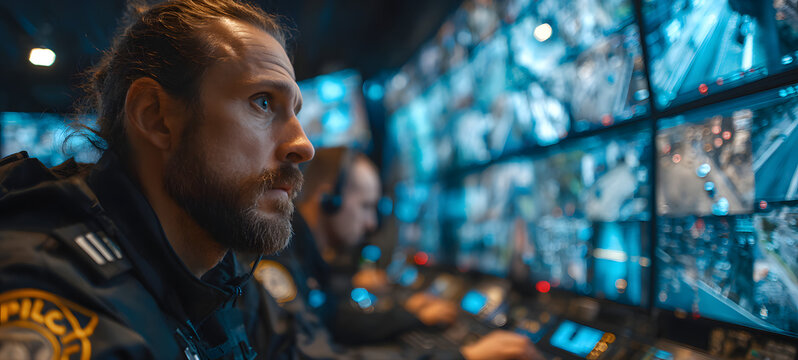 Security guards in security control room with video all or legal service of dager in office Worker, law atrol, Police Officer's Exertise in an Emergency Cal Center, Blurred image