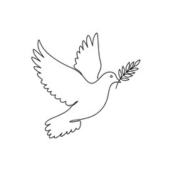 A simple line drawing of a dove carrying an olive branch in its beak on white background