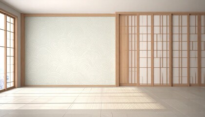Minimalist Japanese Room Interior Design with Limewash Walls and Wooden Shoji Screens