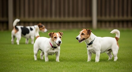 Three Jack Russell Terriers Playing on a Grassy Lawn.