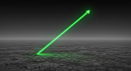 Bright Green Arrow Pointing Upward on Barren Cracked Ground