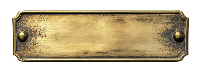 Golden metal nameplate with screws, isolated on transparent cutout background