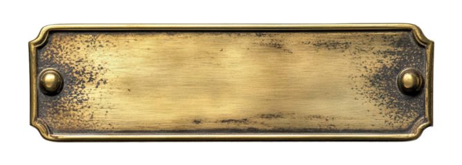 Golden metal nameplate with screws, isolated on transparent cutout background