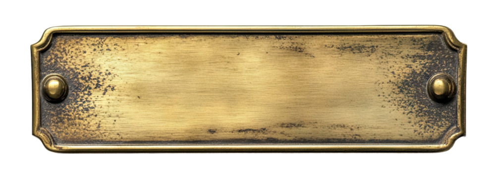 Golden metal nameplate with screws, isolated on transparent cutout background