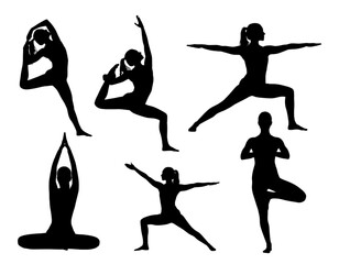 Black vector silhouette set of a woman in various yoga poses 