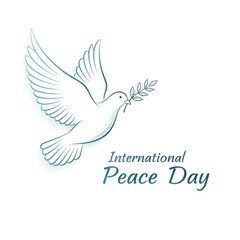 Fototapeta premium A white dove carrying an olive branch with international peace day text below it
