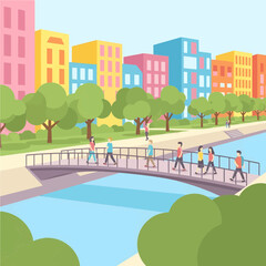 Fototapeta premium People crossing a bridge in a vibrant city with colorful buildings and a river view