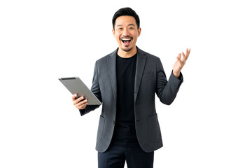 Asian businessman with tablet isolated on white