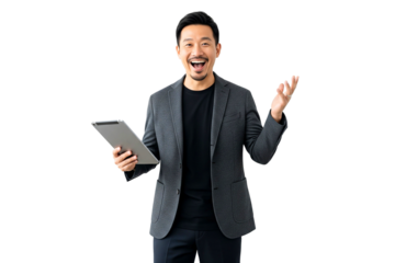 Asian businessman with tablet isolated on white