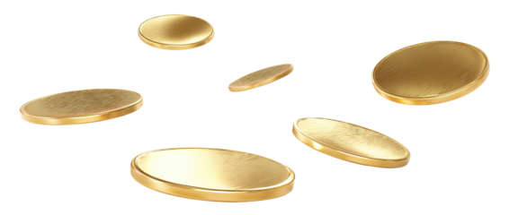 Flying golden blank coins, isolated on cutout transparent background